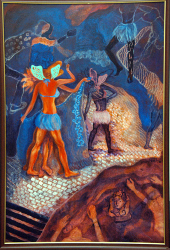 'The Girl With Blue Slax And A Fashion Show' - Chandrima Das - Acrylic on Canvas - 36" x 23"