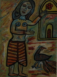 'Lady with Bird' - Chandrima Roy - Acrylic and Oil - 19" x 14"