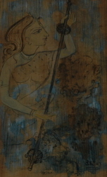 'Singhabasana, Saraswati' - Uma Siddhanta - Skin of Betel Nut Tree - 8" X 5"