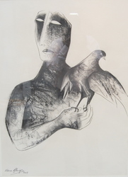 'Man With Bird' - Veena Bhargava - Charcoal on paper - 30" x 22"